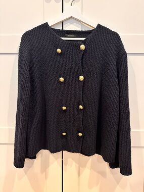 Massimo Dutti Textured Knit Cardigan cotton Navy S/M